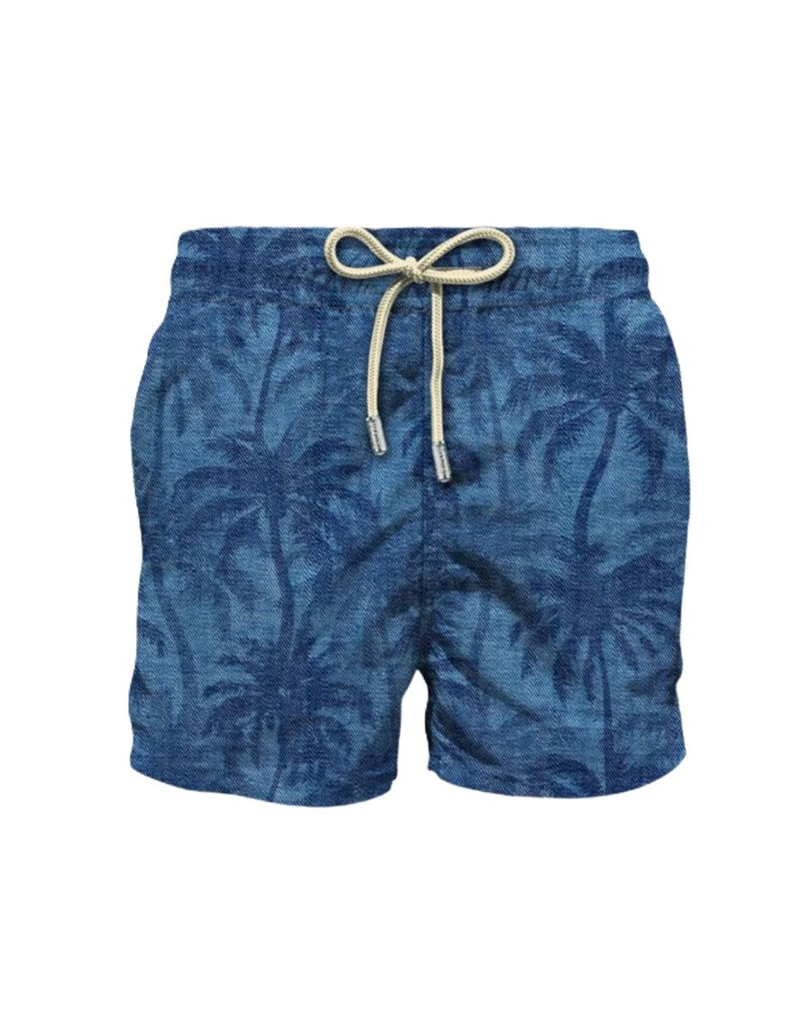 Mc2 Saint Barth Deep Blue Shorts With Subtle Palm Tree Pattern