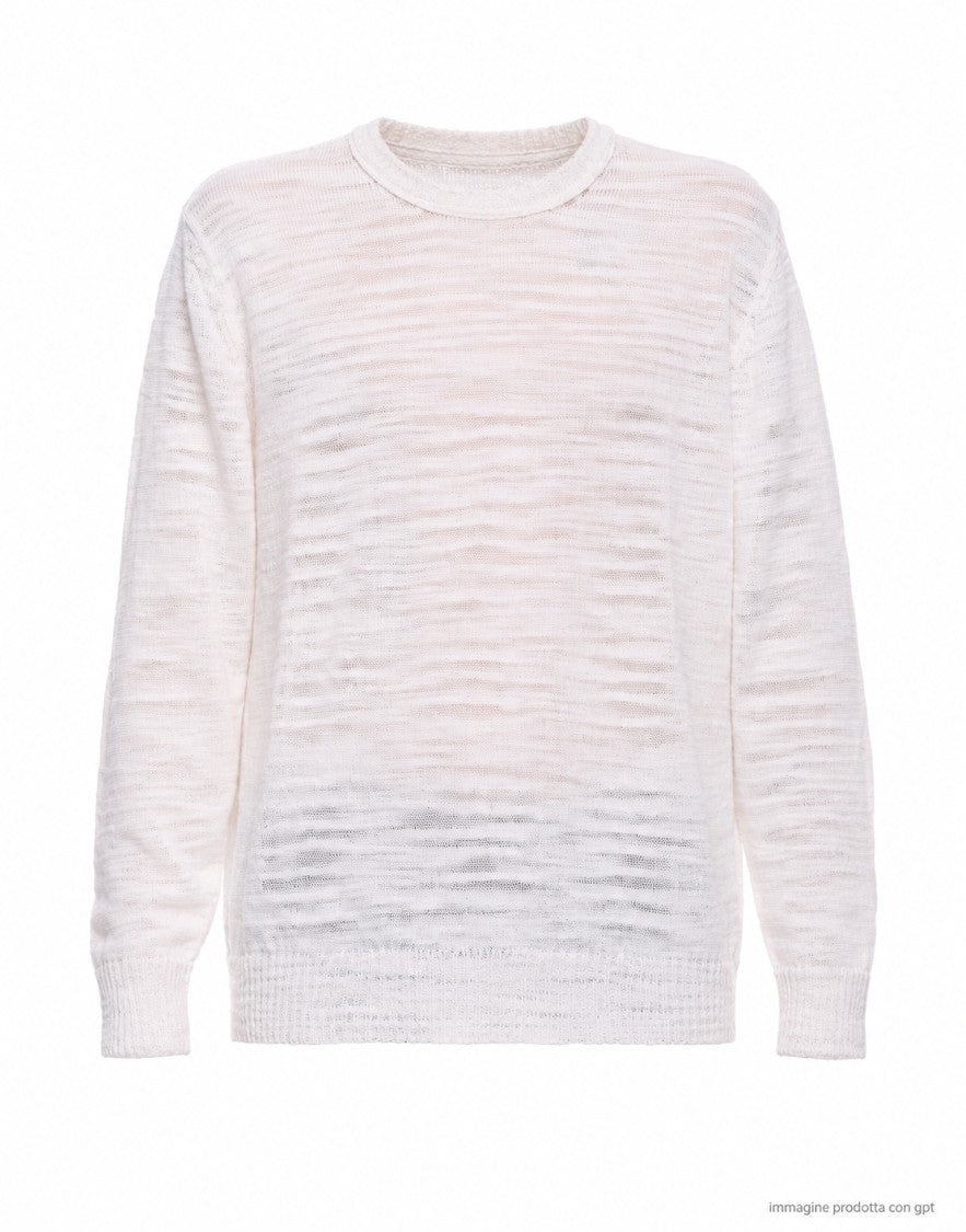 Atomofactory White Slub Crew-Neck Linen Blend Sweater