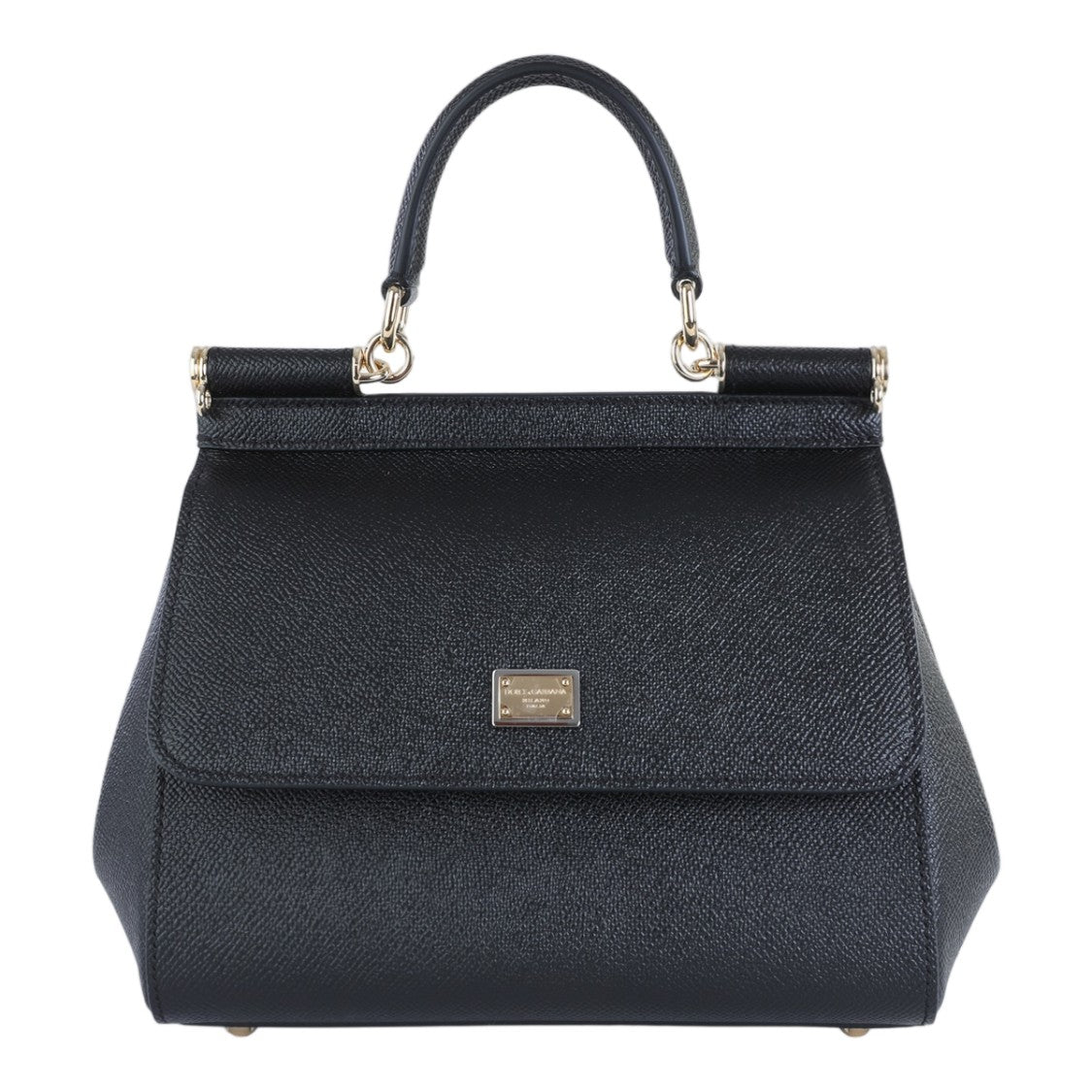 Dolce & Gabbana Textured Black Handbag With Trapezoidal Silhouette And Gold Hardware