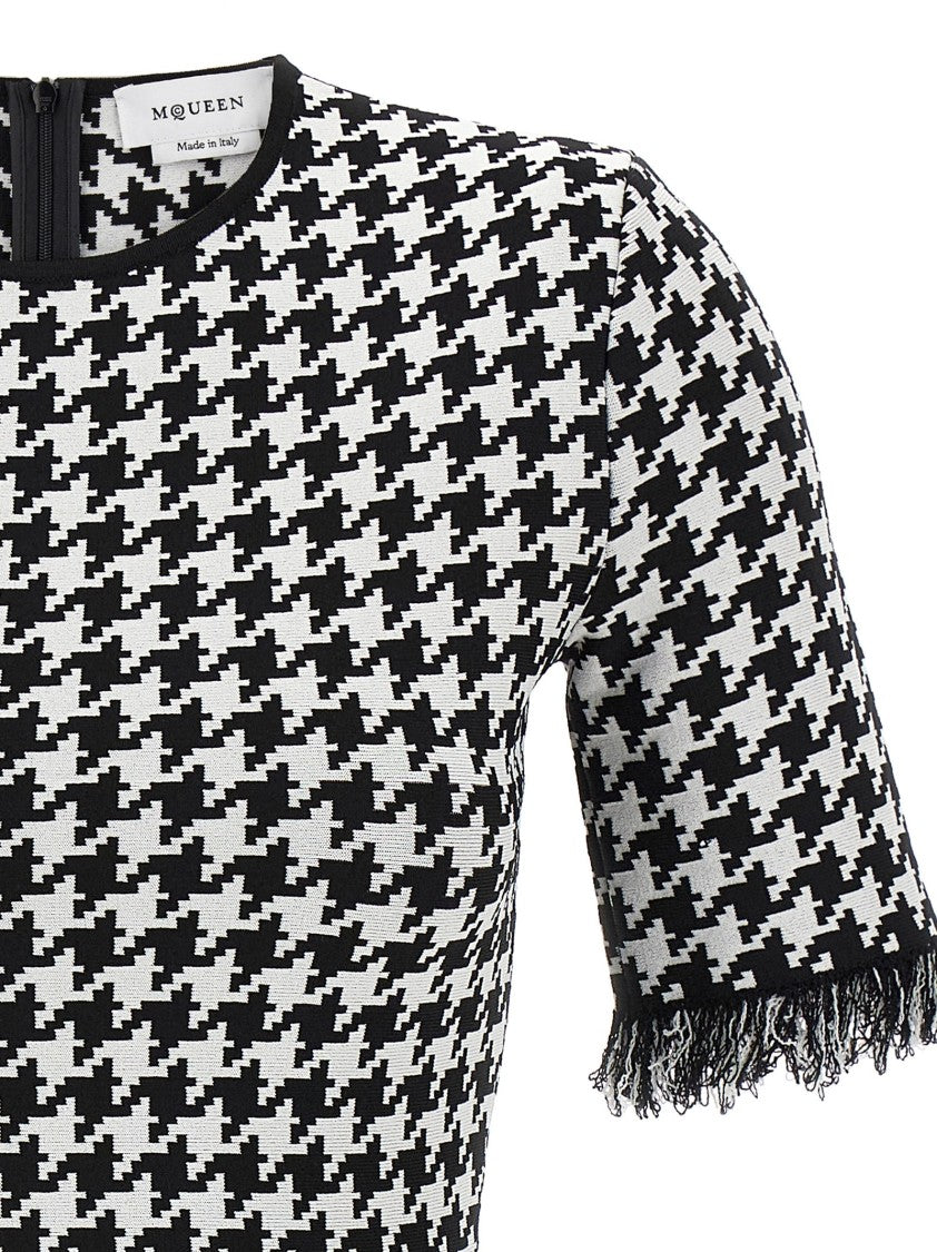 Mcqueen Mini Houndstooth Jacquard Dress With Fringe Details