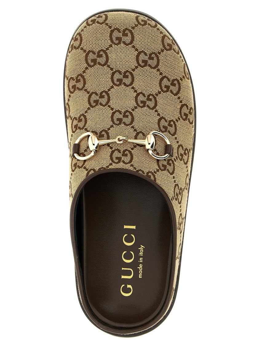 Gucci Gg Fabric Sabots With Leather Trim And Iconic Horsebit Detail
