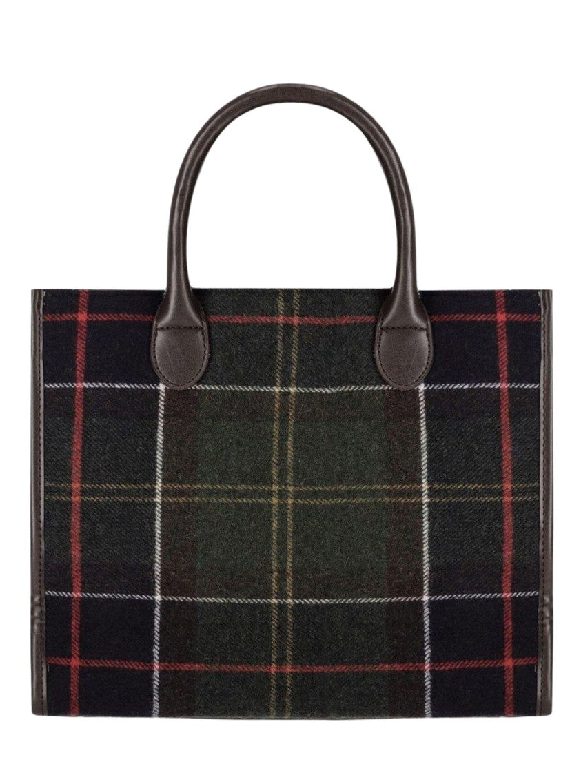 Barbour Checked Tote Bag With Leather Accents And Detachable Strap