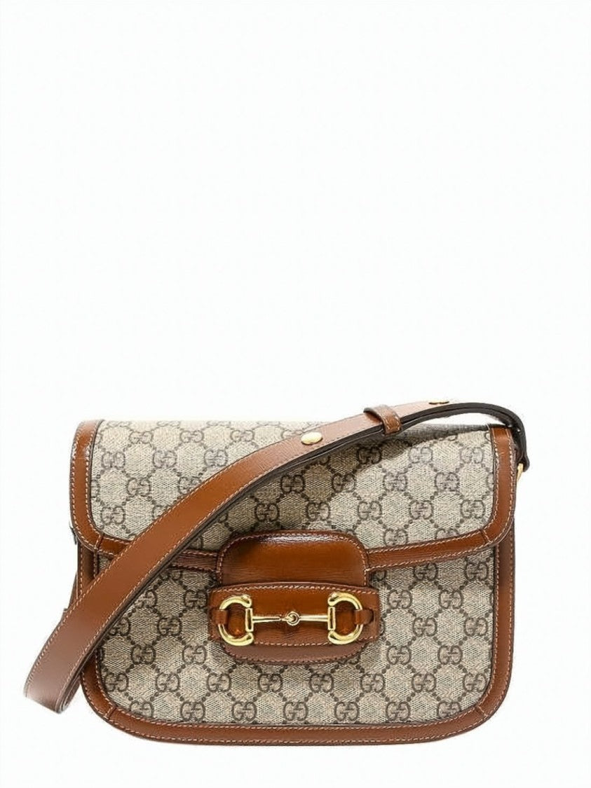 Gucci Structured Beige Canvas Horsebit Shoulder Bag With Leather Trimming