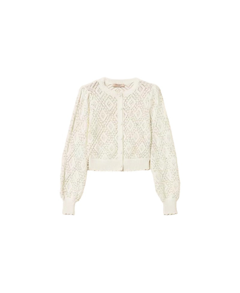 Twin-Set Cotton Punched Diamond Pearl Accent Scalloped Cardigan