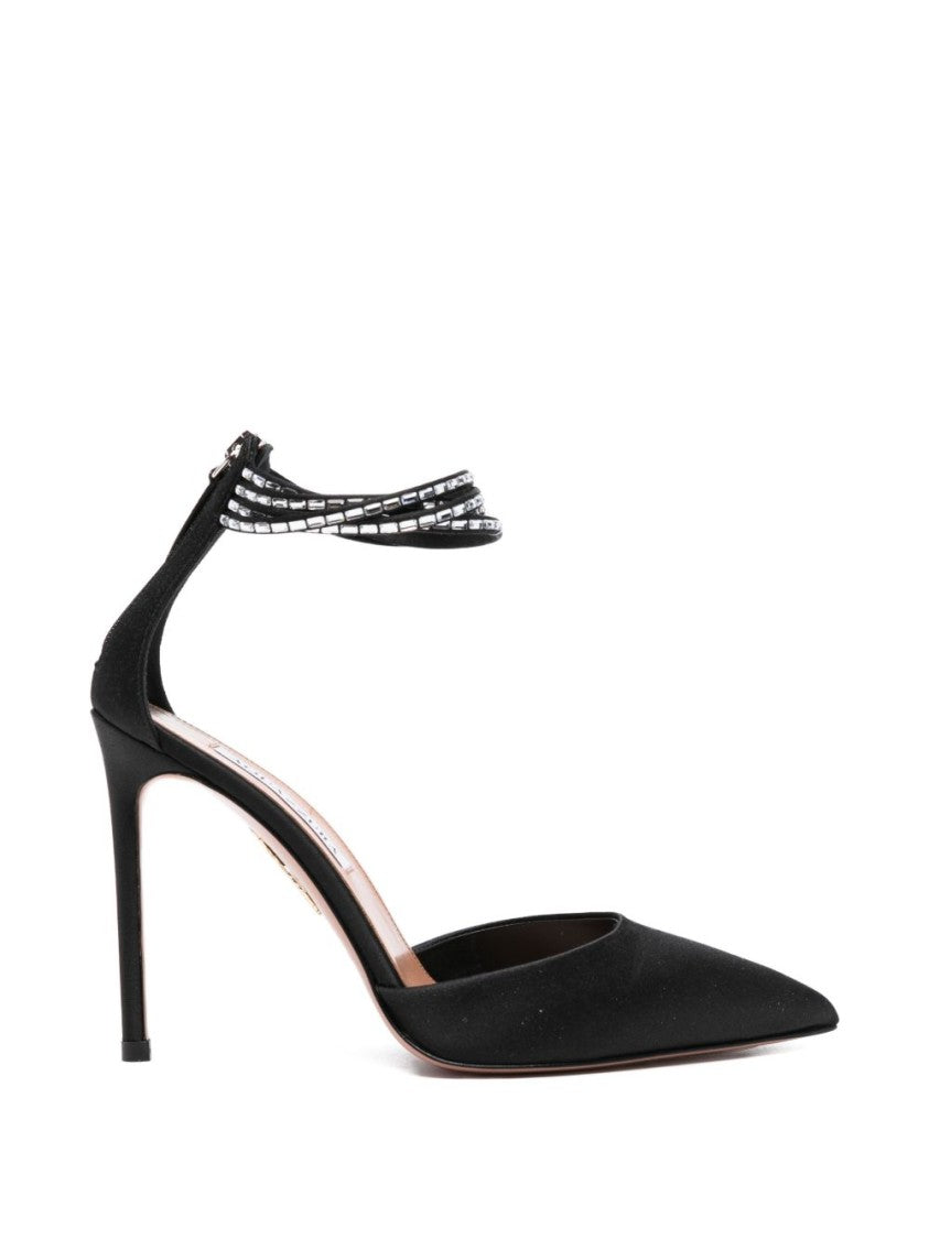 Aquazzura Black Satin Bead Embellished Pointed Pumps