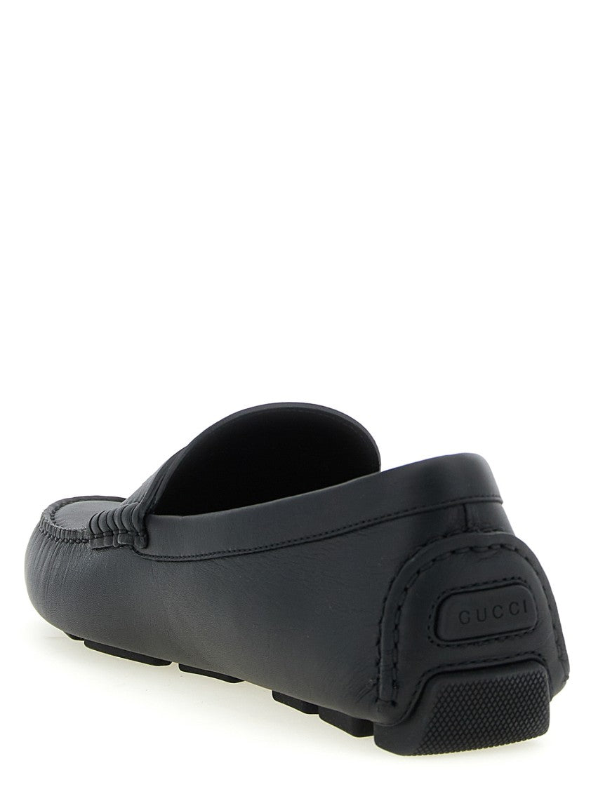 Gucci Leather Driver Loafers With Grosgrain Detail And Textured Sole
