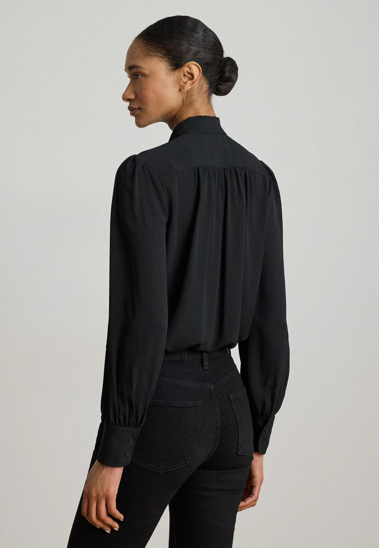 Lauren Ralph Lauren Black Bow-Tie Neckline Voluminous-Sleeve Blouse