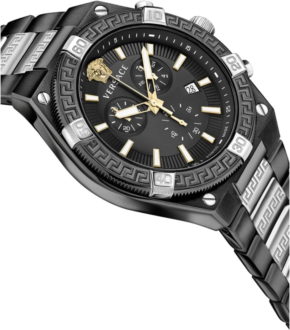 Versace Sport Greca Chrono 46Mm Versace Watch With Black Metal Bracelet