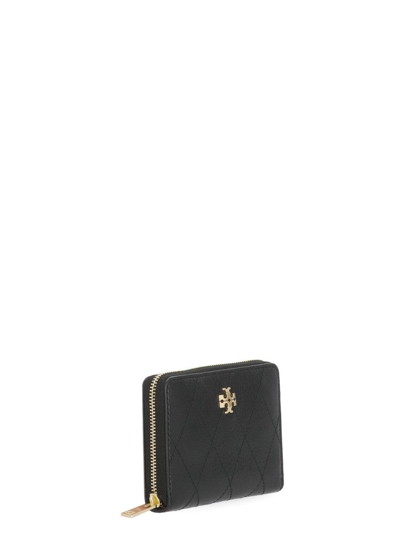 Tory Burch Black Quilted Leather Zip-Around Gold Logo Wallet