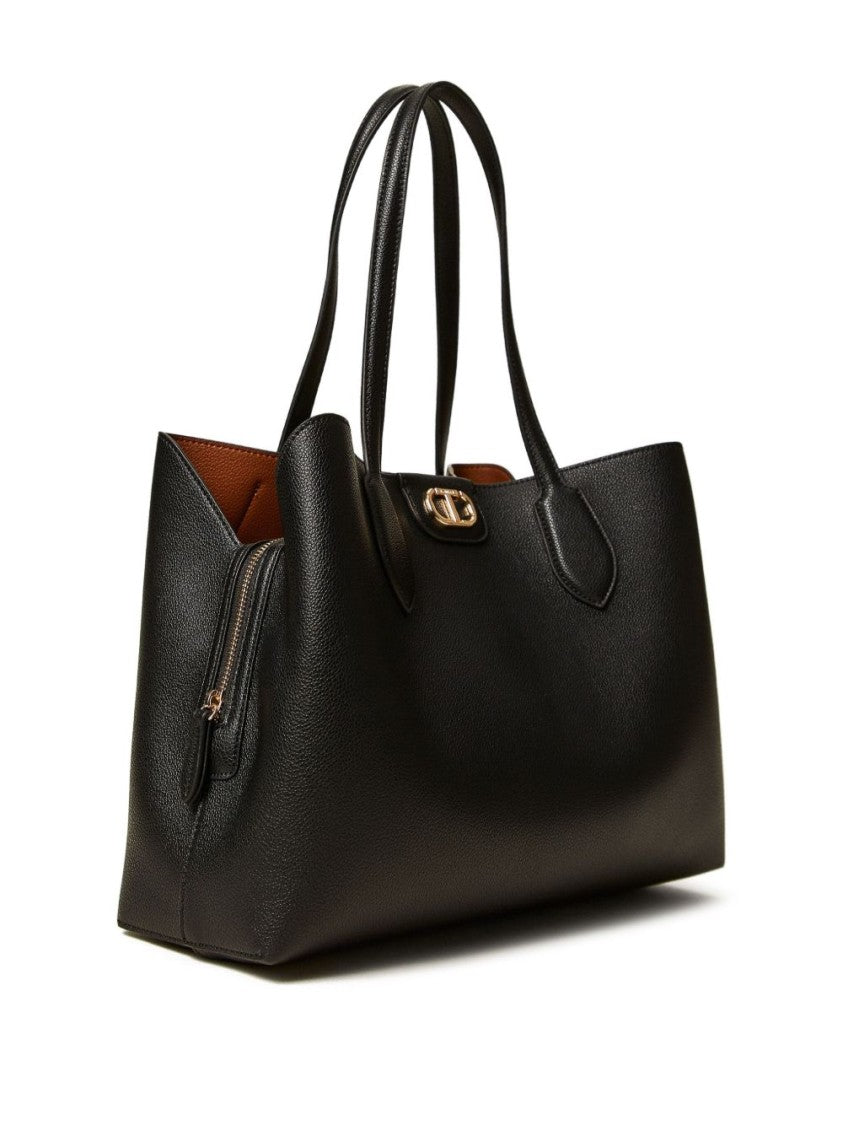 Twin-Set Structured Black Tote Bag With Textured Exterior And Interior