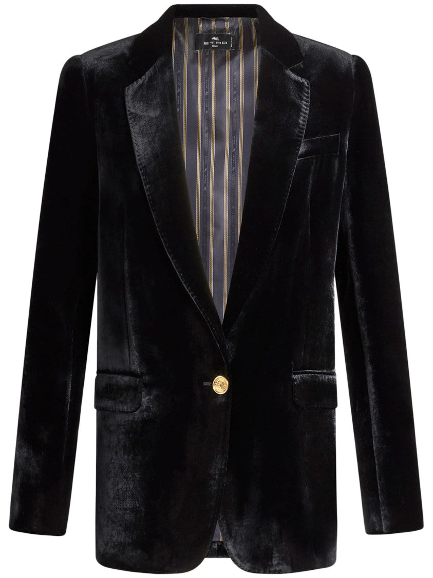 Etro Black Velvet Single-Breasted Viscose-Blend Blazer