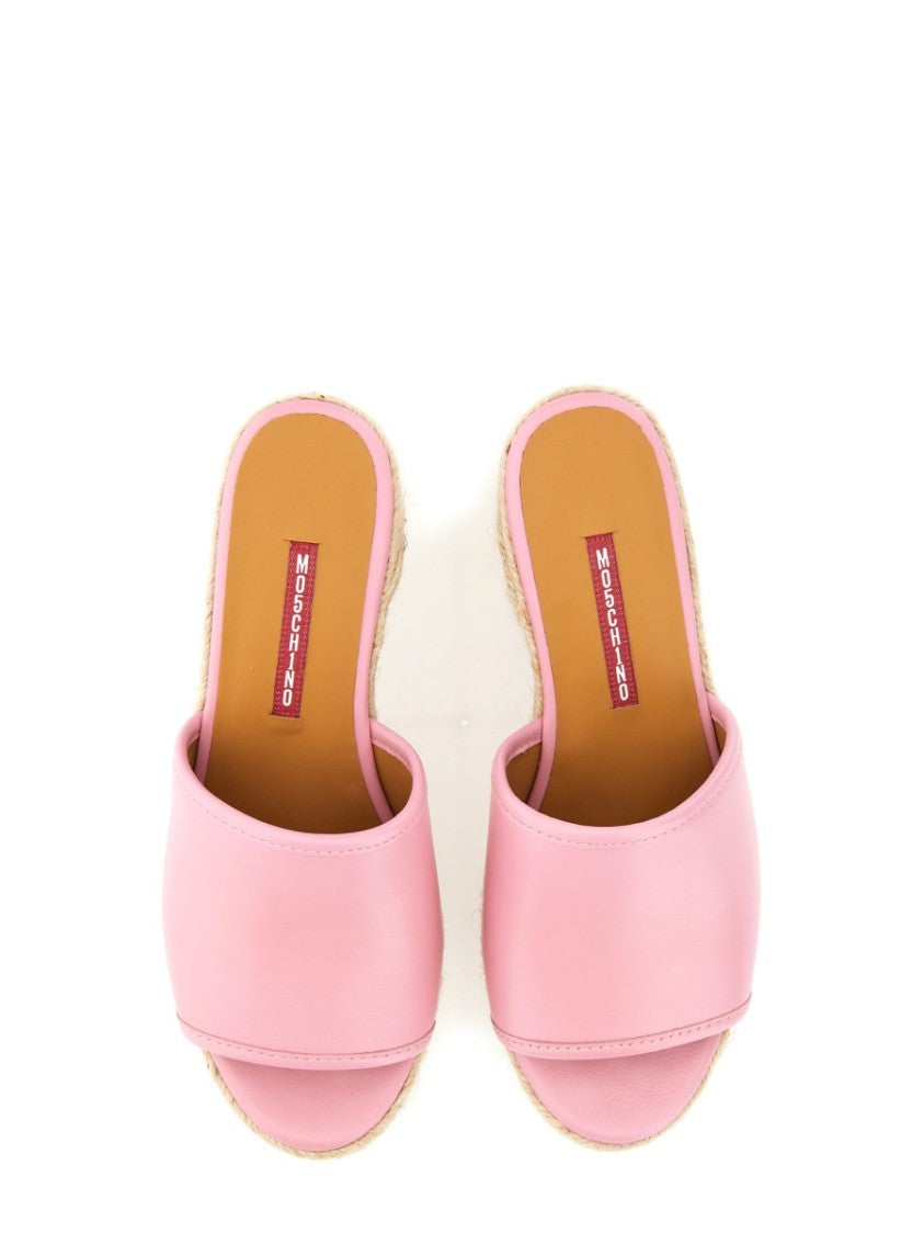 Moschino Pink Leather Sandal With Jute-Wrapped Platform