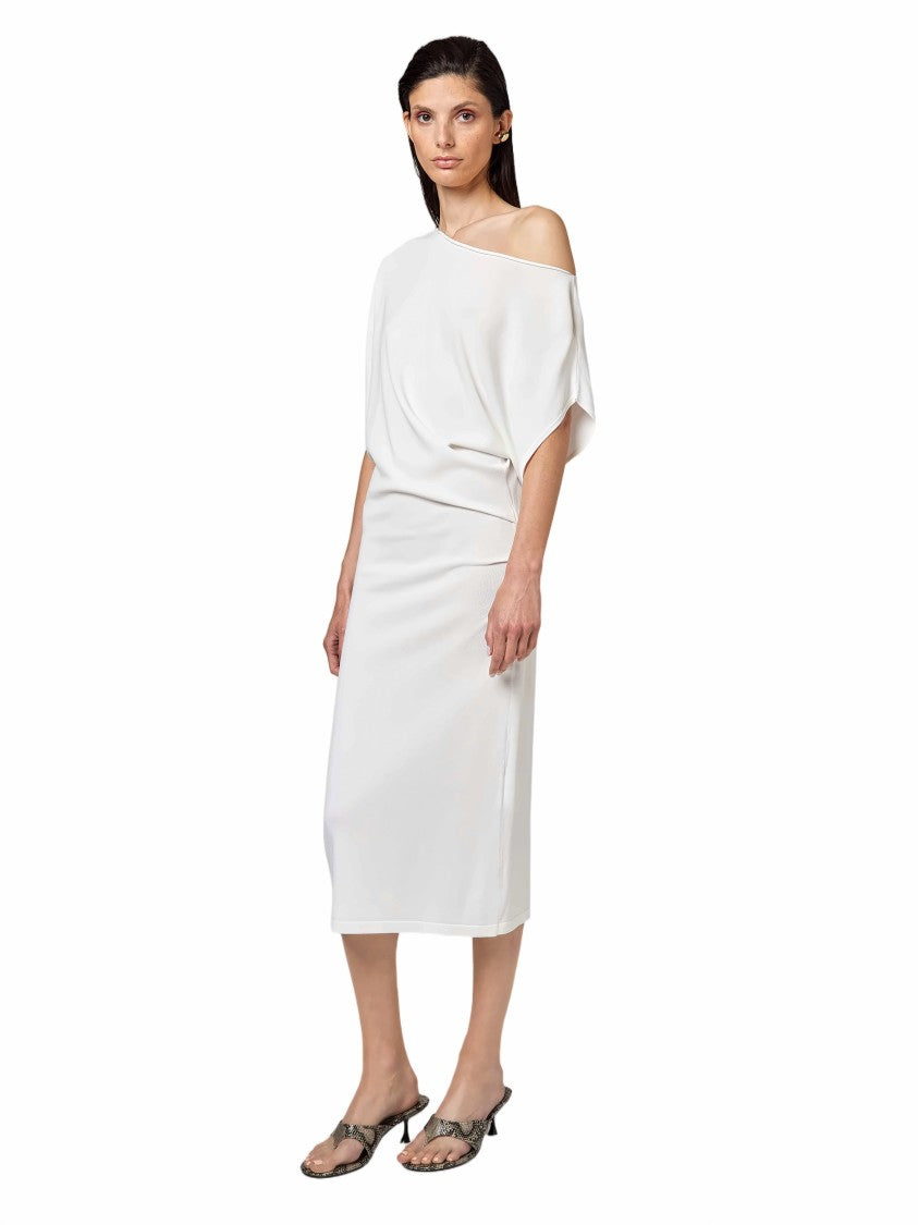 Alpha Studio Asymmetrical Ruched Side Viscose Midi Dress