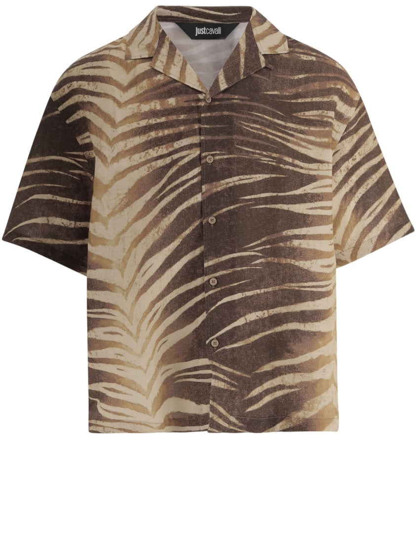Just Cavalli Tropical Print Linen And Cotton Short-Sleeve Shirt