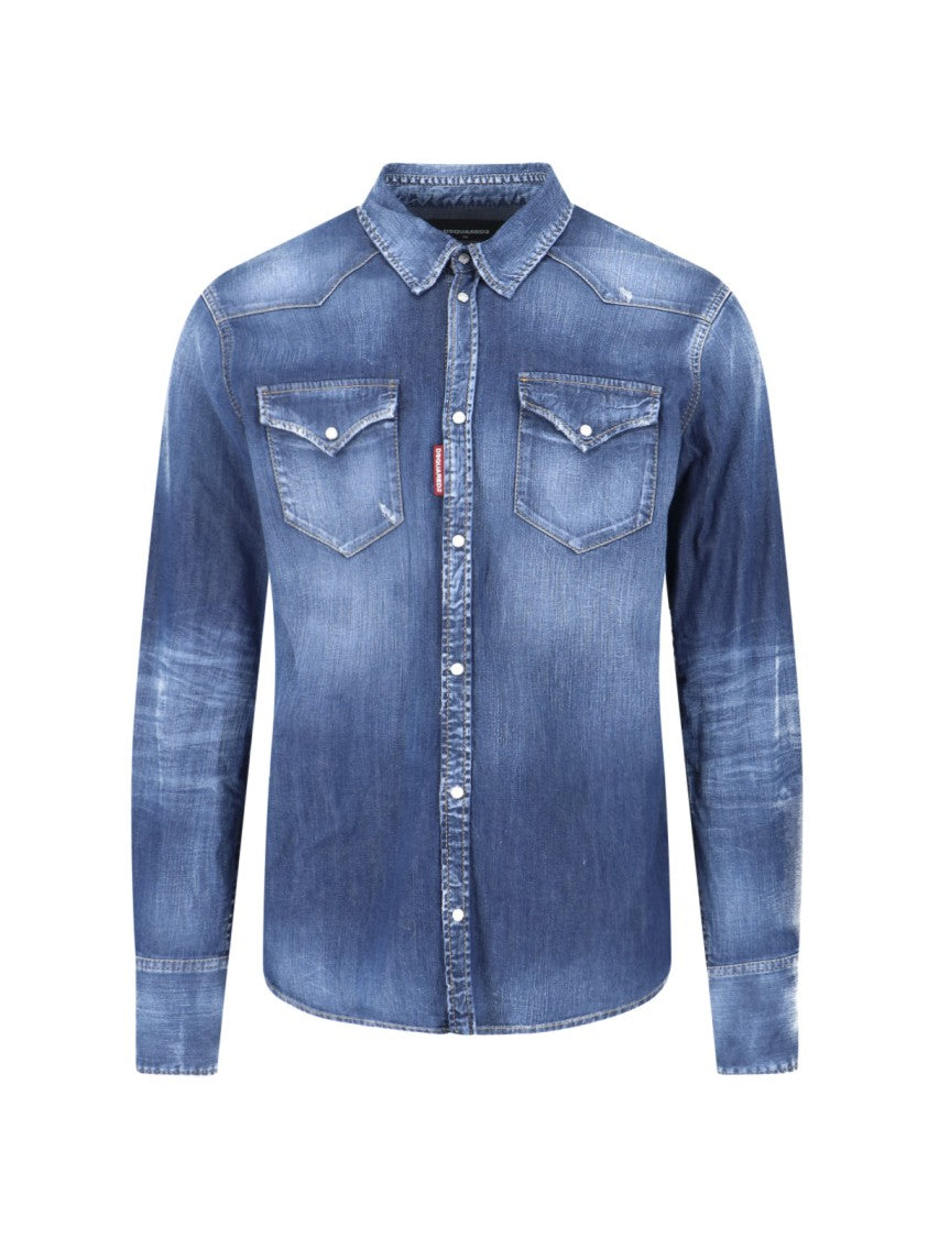 Dsquared2 Blue Western Stretch Denim Logo Shirt