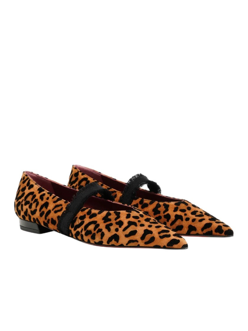 Roberto Festa Pointed Toe Leopard Print Flats With Frayed Black Strap