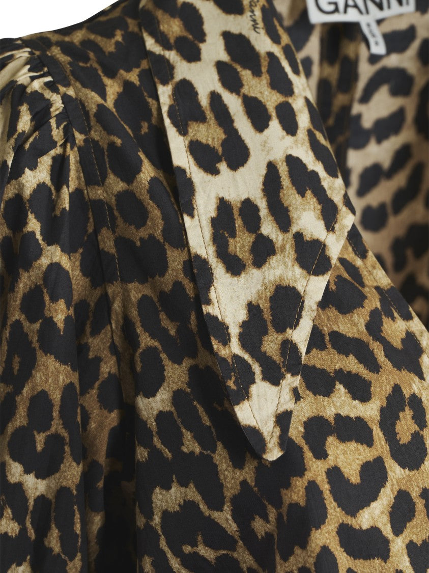 Ganni Printed Cotton Poplin V-Neck Long Dress