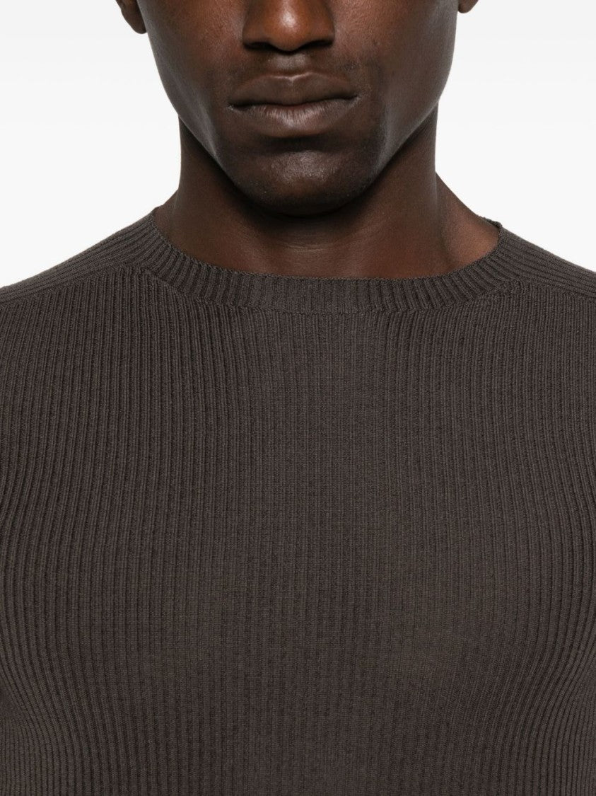 Rick Owens Slim Fit Ribbed Knit Sweater With Raw-Edged Hem