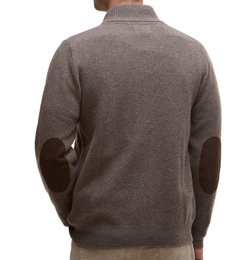 Barbour Textured Lambswool Cardigan With Suede Elbow Patches