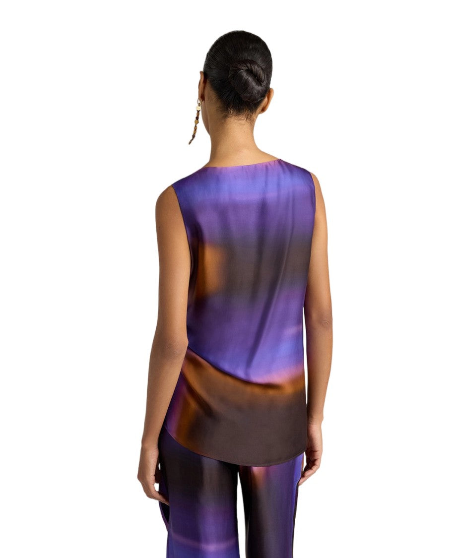 Momonì Viscose Satin Torchon Waist Print Sleeveless Blouse
