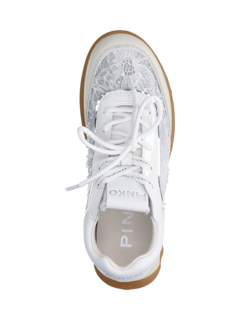 Pinko White Ariel Lace Detail Leather Sneakers