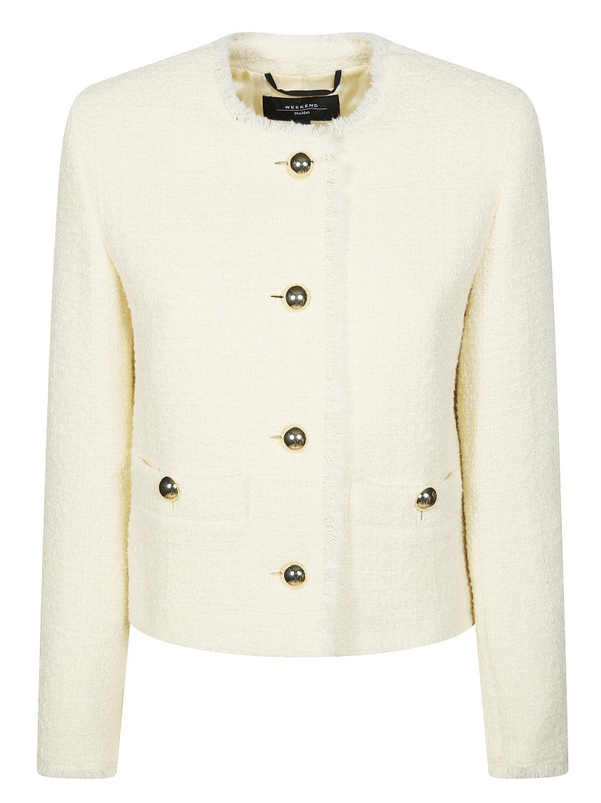 Max Mara Cropped Collarless Jacket With Textured Fabric And Metallic Buttons