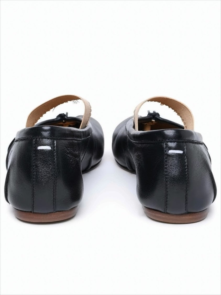 Maison Margiela Split-Toe Black Leather Flats With Beige Strap Detail