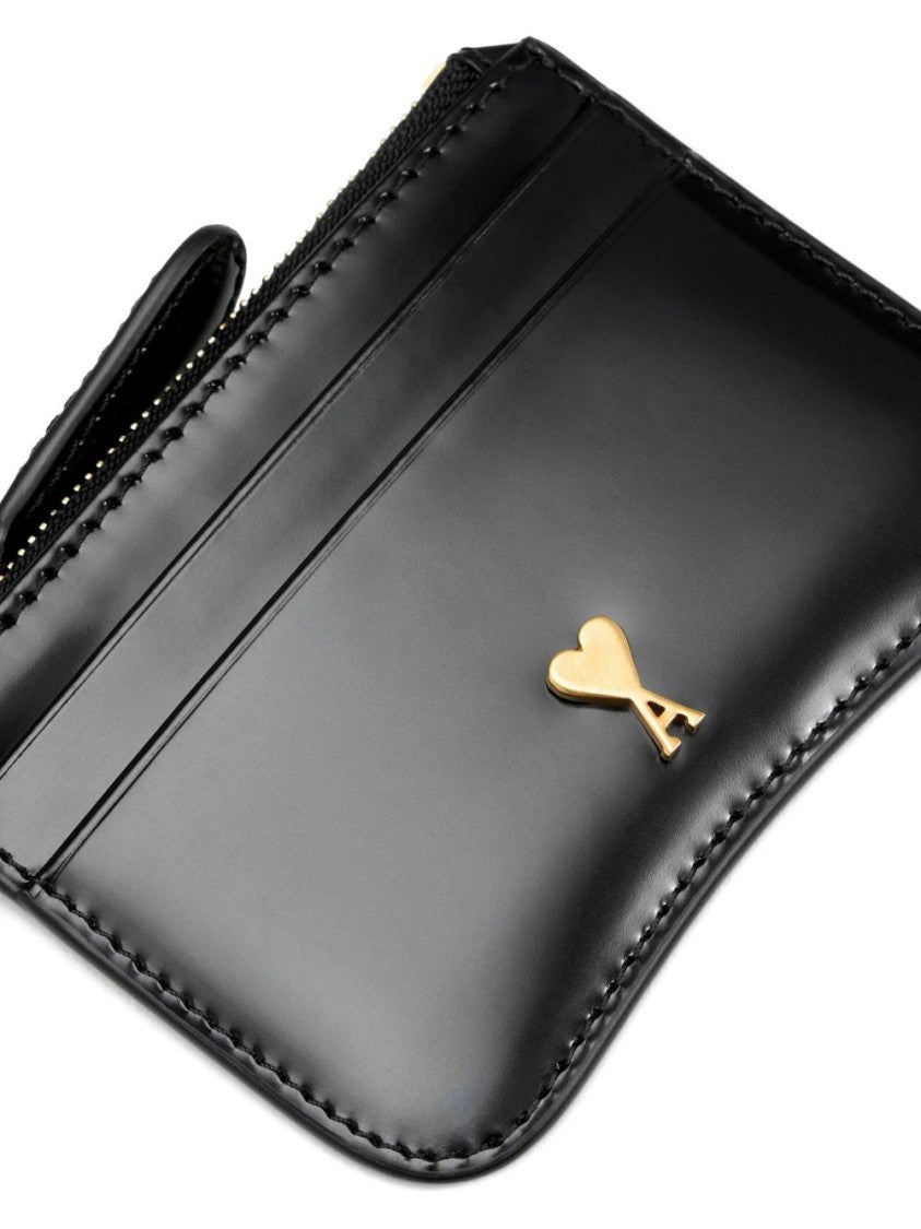 Ami Paris Black Glazed Finish Zip Top Wallet