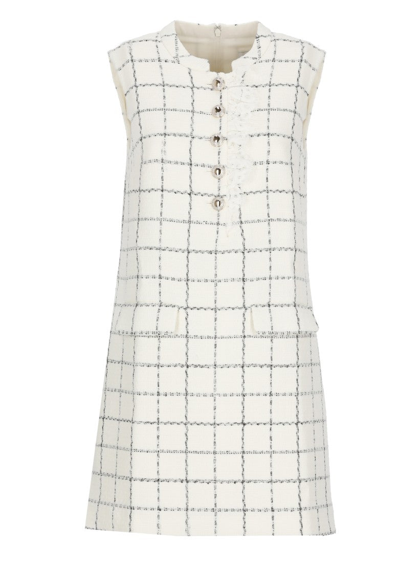 Self-Portrait Ivory Check Boucle Mini Dress With Lace Trim And Sequined Detail
