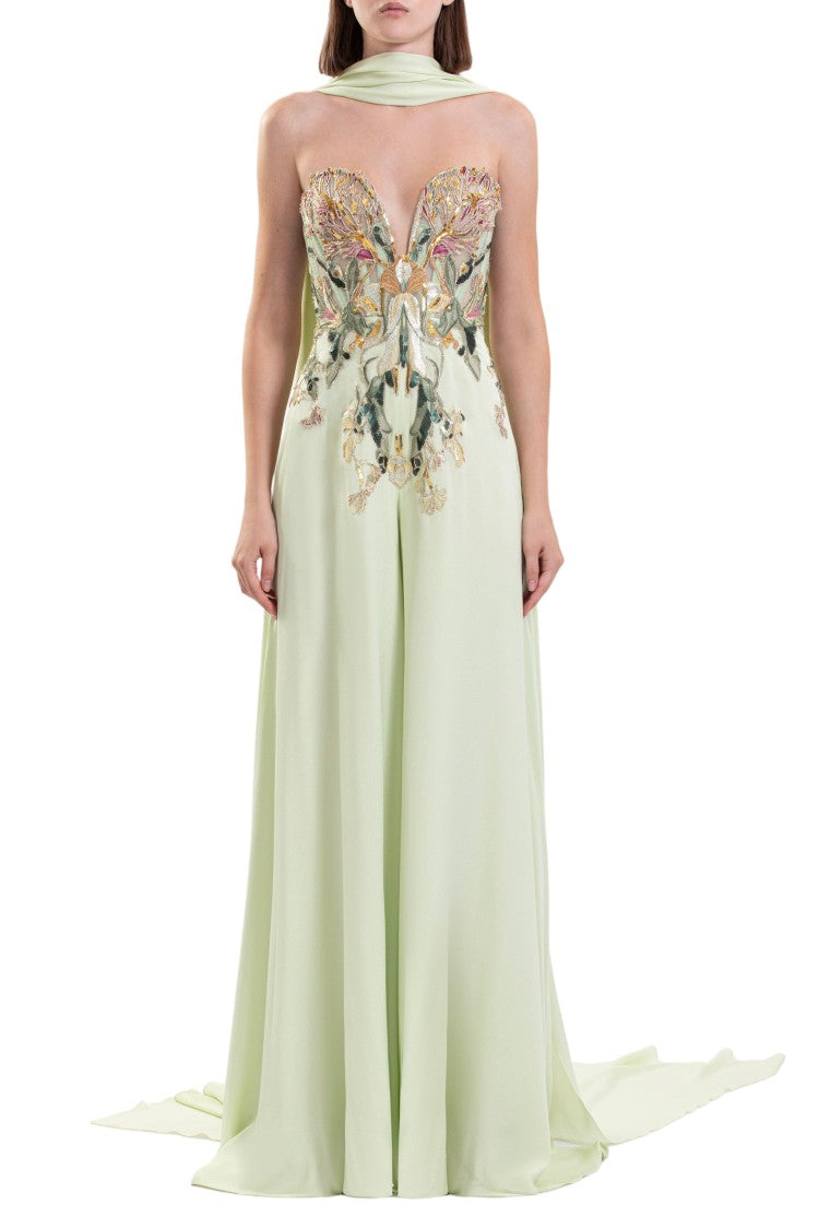 Saiid Kobeisy Embroidered Crepe Georgette Jumpsuit With Strapless Sweetheart Neckline