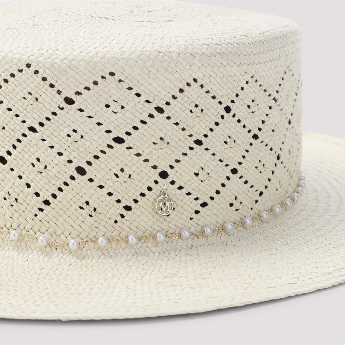 Maison Michel Wide-Brim Hat With Perforated Diamond Pattern And Pearl Accents