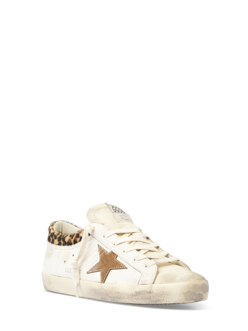 Golden Goose Distressed Leather Sneakers With Suede Star And Leopard Print Collar
