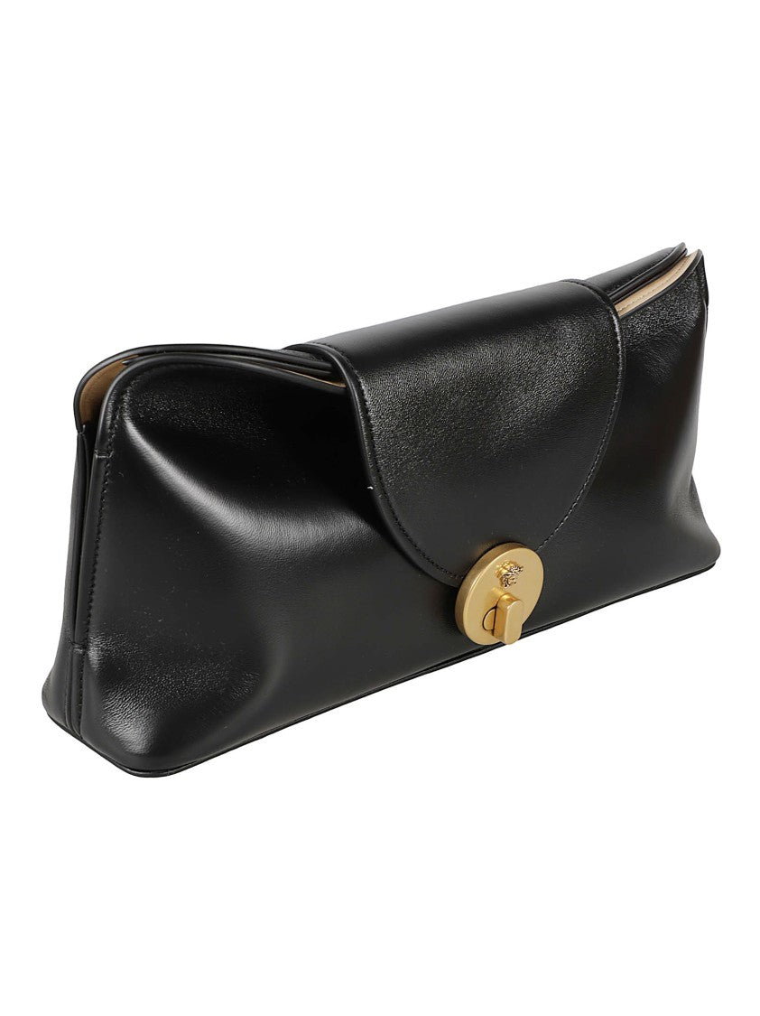 Versace Elongated Black Lambskin Clutch With Gold-Tone Closure