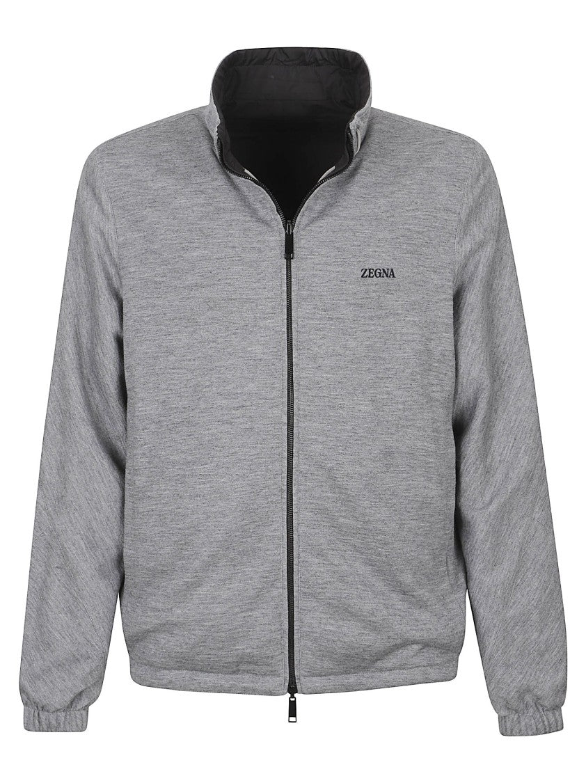 Zegna Reversible Black And Grey Jacket With Logo And Toggle Closures