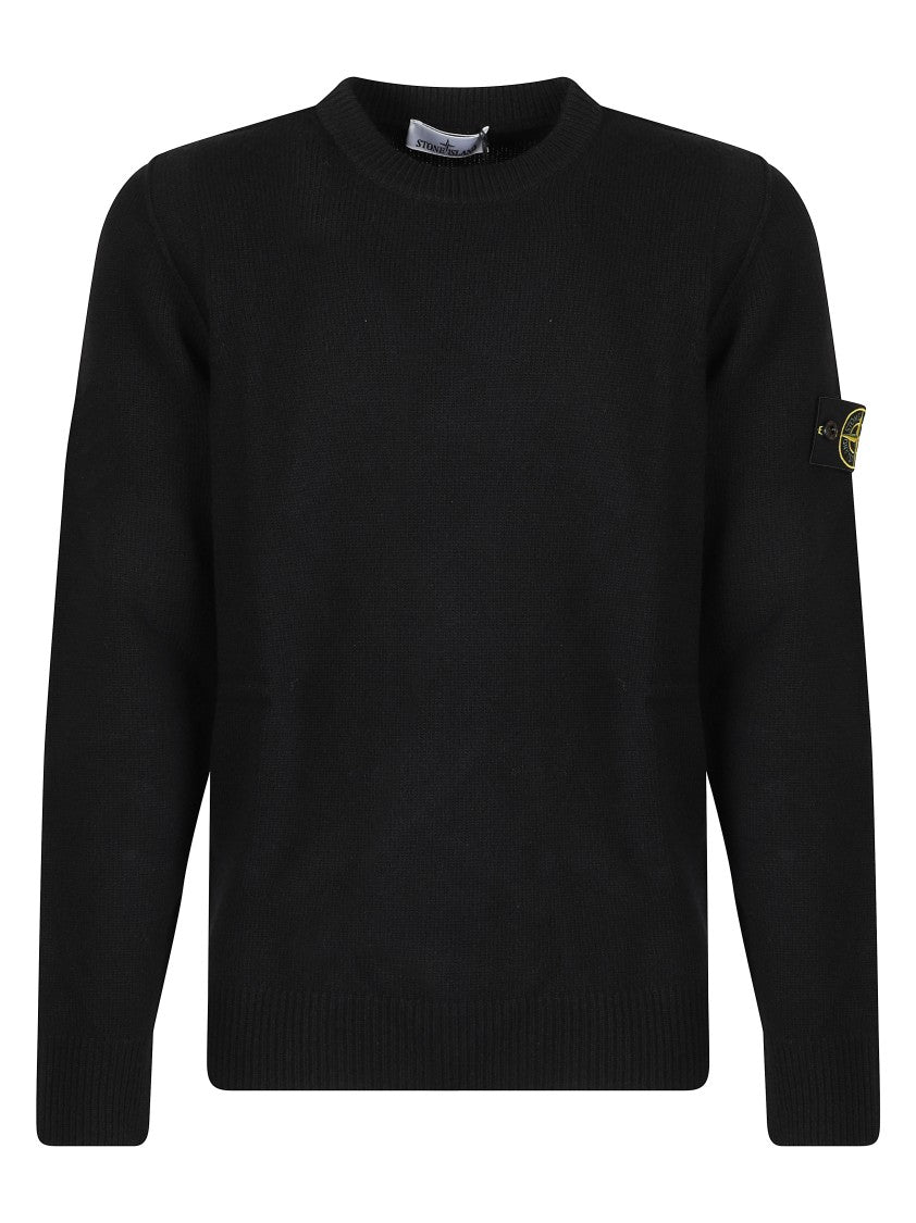 Stone Island Ribbed Black Sweater With Signature Logo Patch
