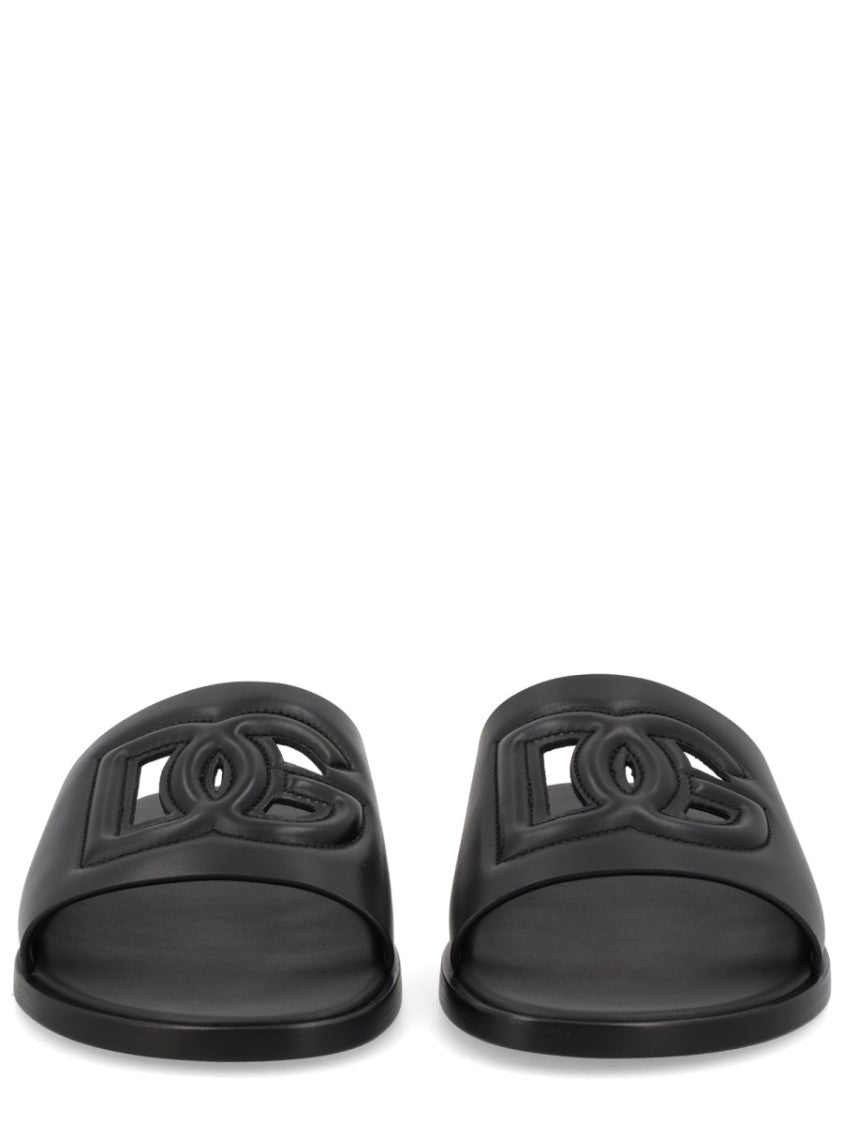 Dolce & Gabbana Raised Logo Leather Flat Slides