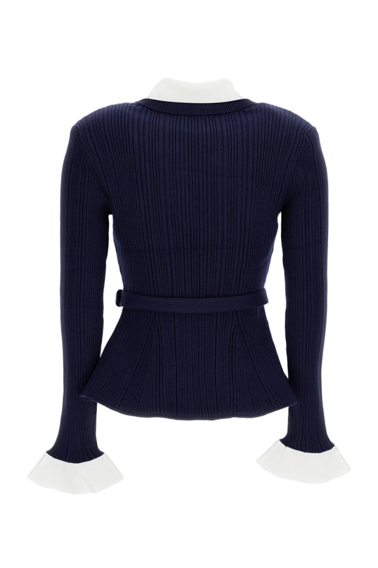 Self-Portrait Blue Navy/White Ribbed Belted Cardigan