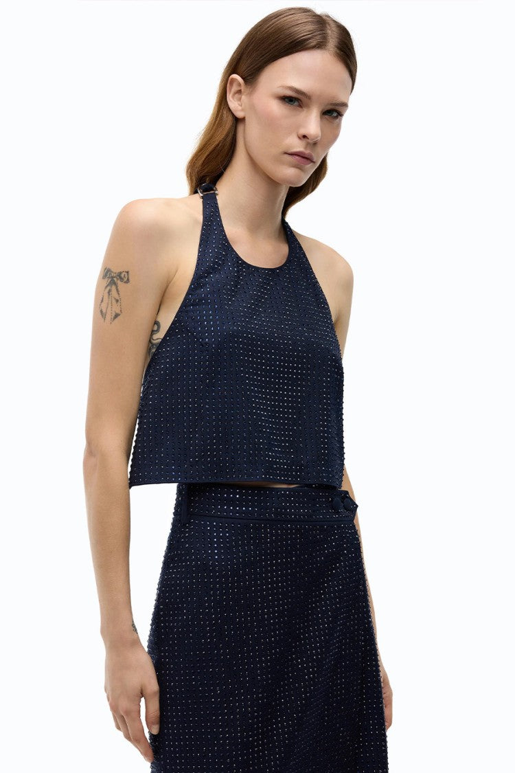 Pinko Blue Polyester-Viscose Blend Embellished Halter Top