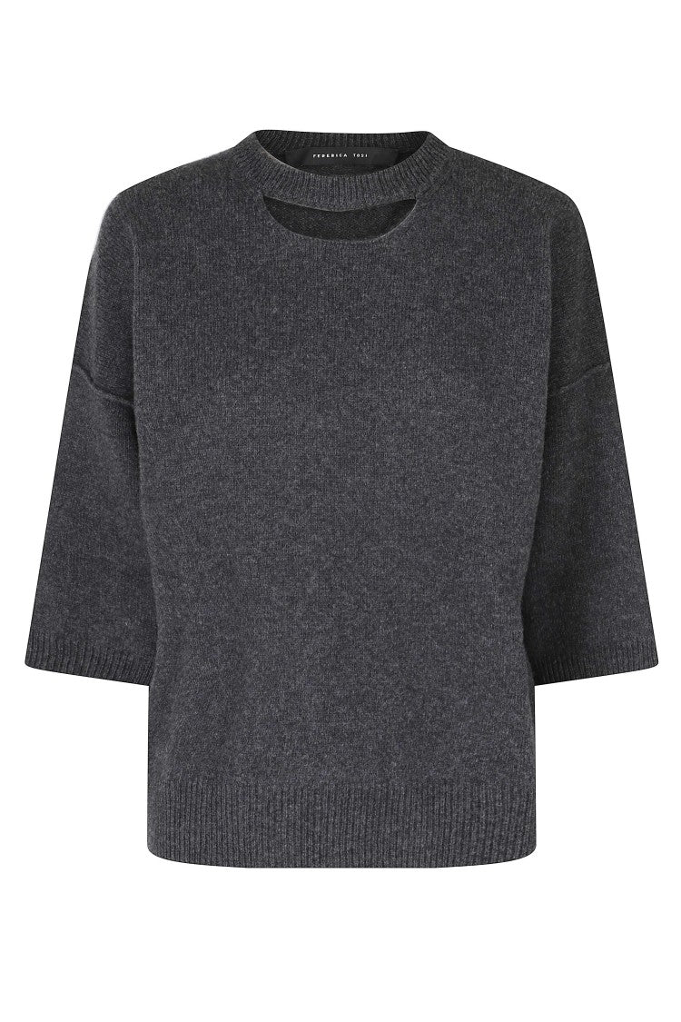 Federica Tosi Anthracite Open Neck 3/4 Sleeves Wool-Blend Sweater