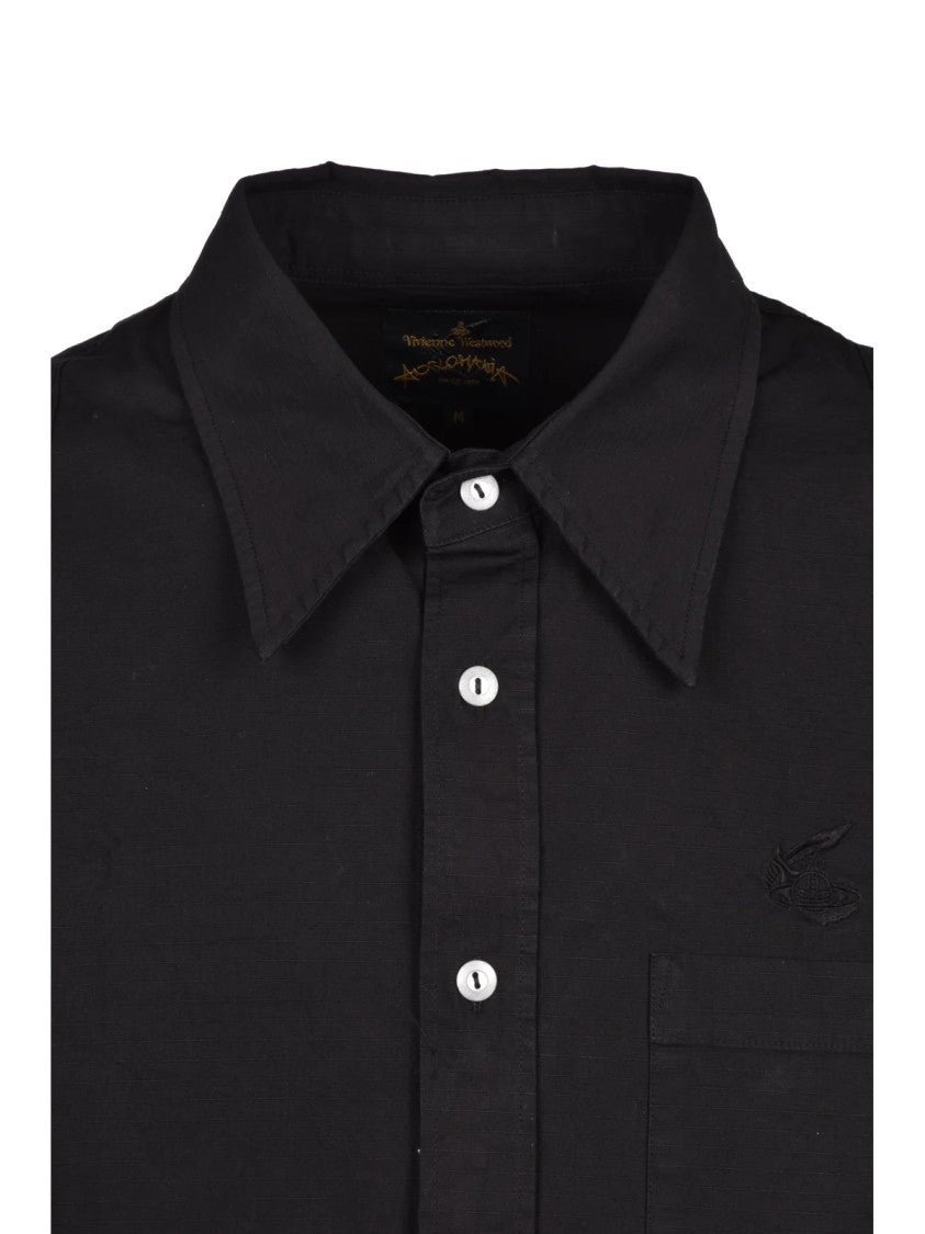 Vivienne Westwood Anglomania Long Black Shirt With Classic Collar And Embroidered Detail