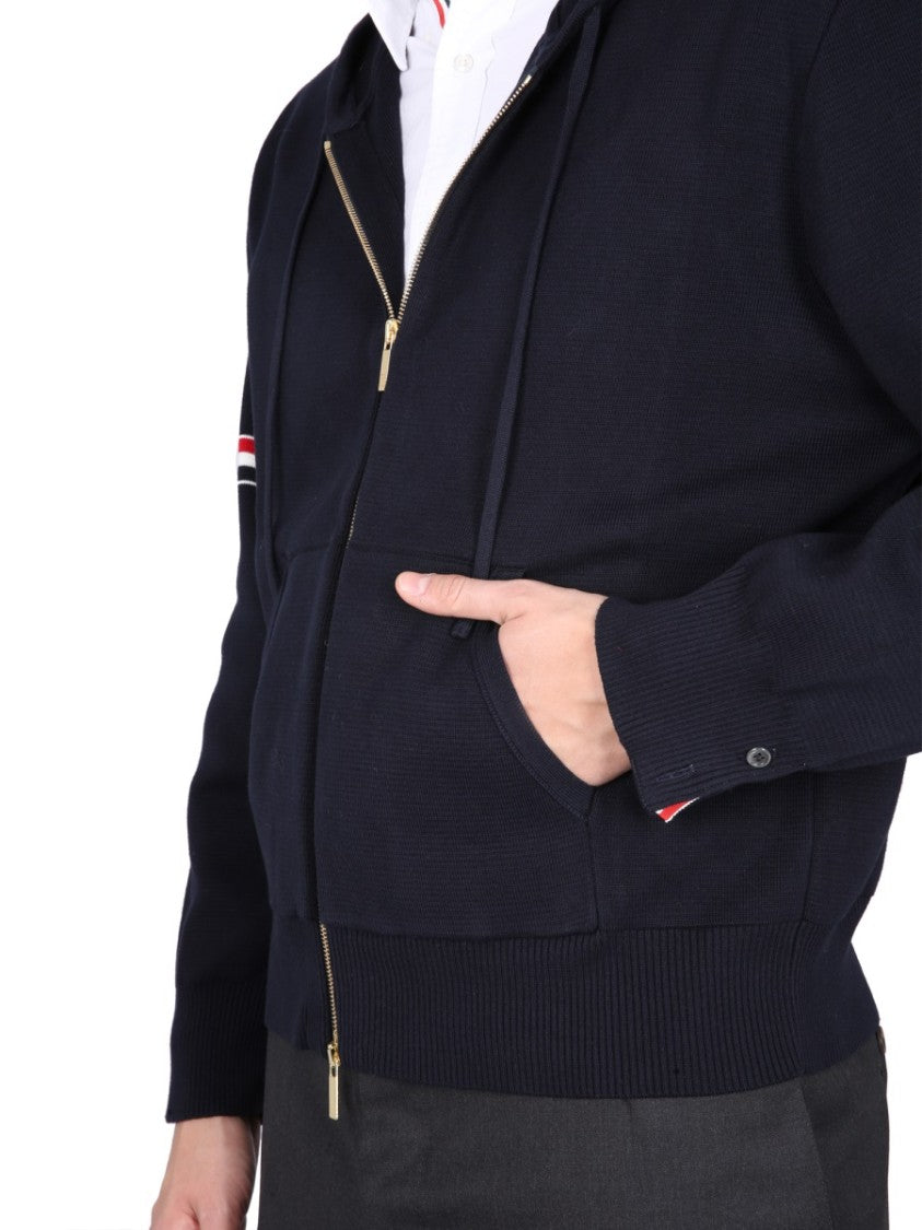 Thom Browne Zip-Up Hoodie With Drawstring And Contrast Stripes