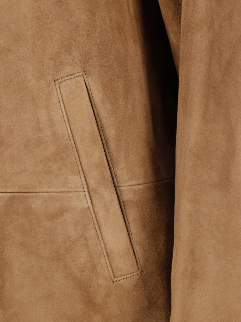 Low Classic Brown Classic-Collar Button-Up Suede Jacket
