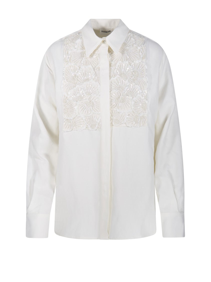 Parosh Floral Embroidered White Shirt With Sequins