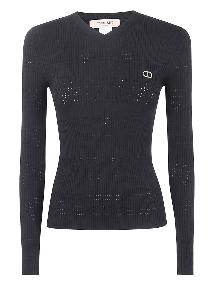 Twin-Set Fitted Ribbed Knitted Sweater With Metallic Logo