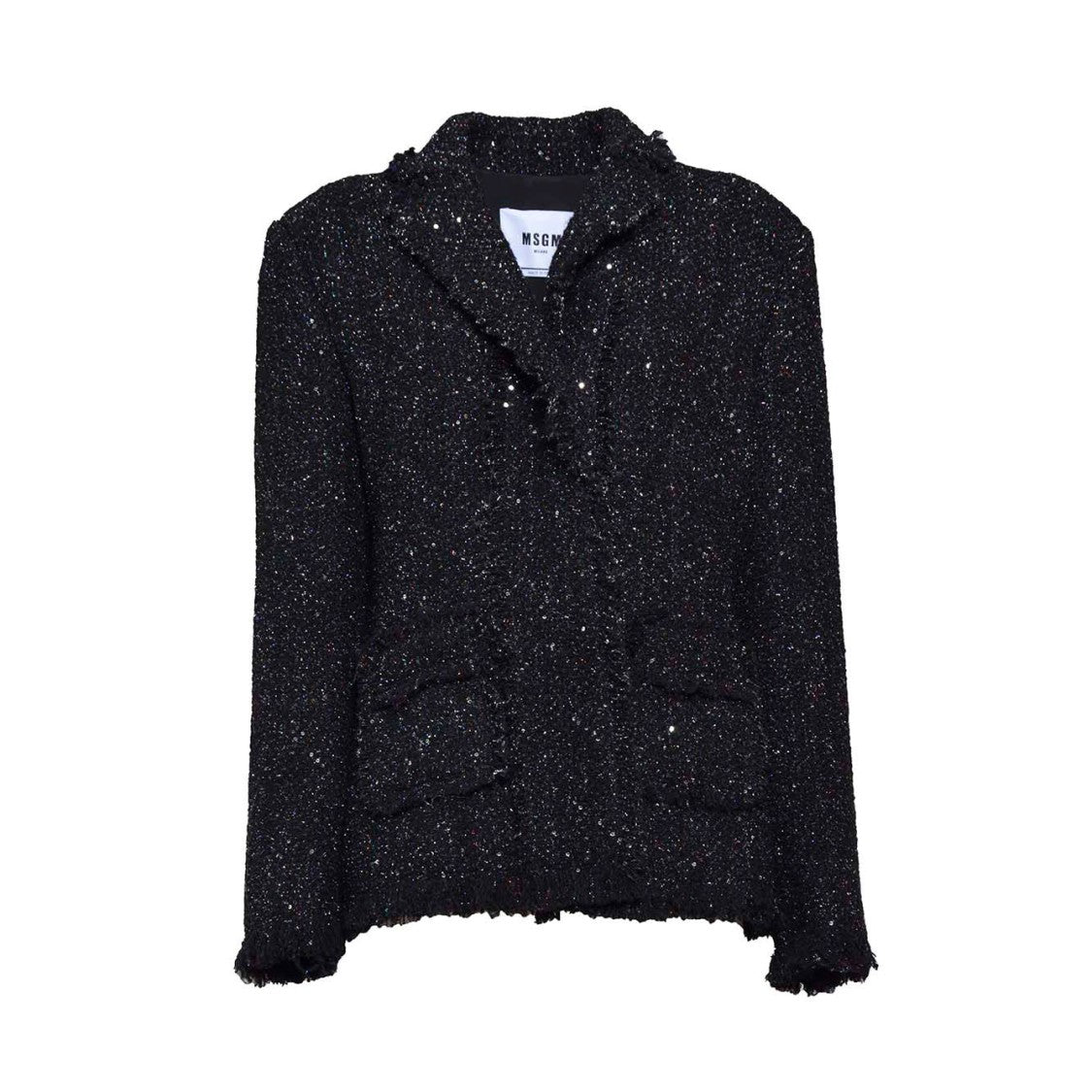 Msgm Single Breasted Jacket In Black Lurex Tweed And Frayed Edges