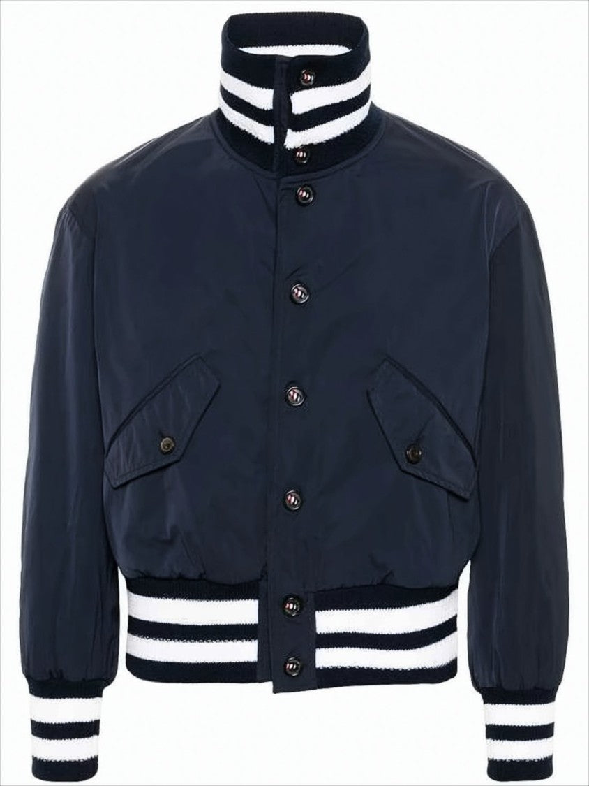 Thom Browne Cropped Blue Bomber Jacket With Ribbed Details And Button Closure