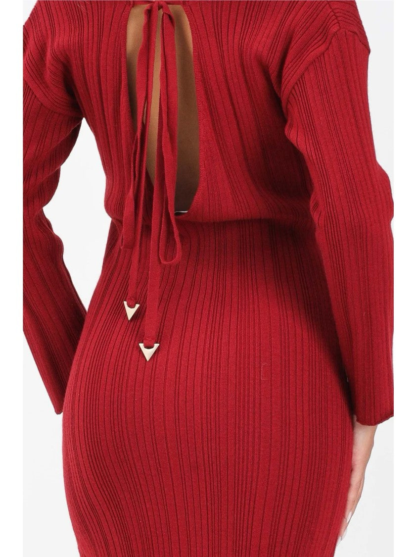 Akep Ribbed Knit Midi Dress With Asymmetrical Hem And Open Back