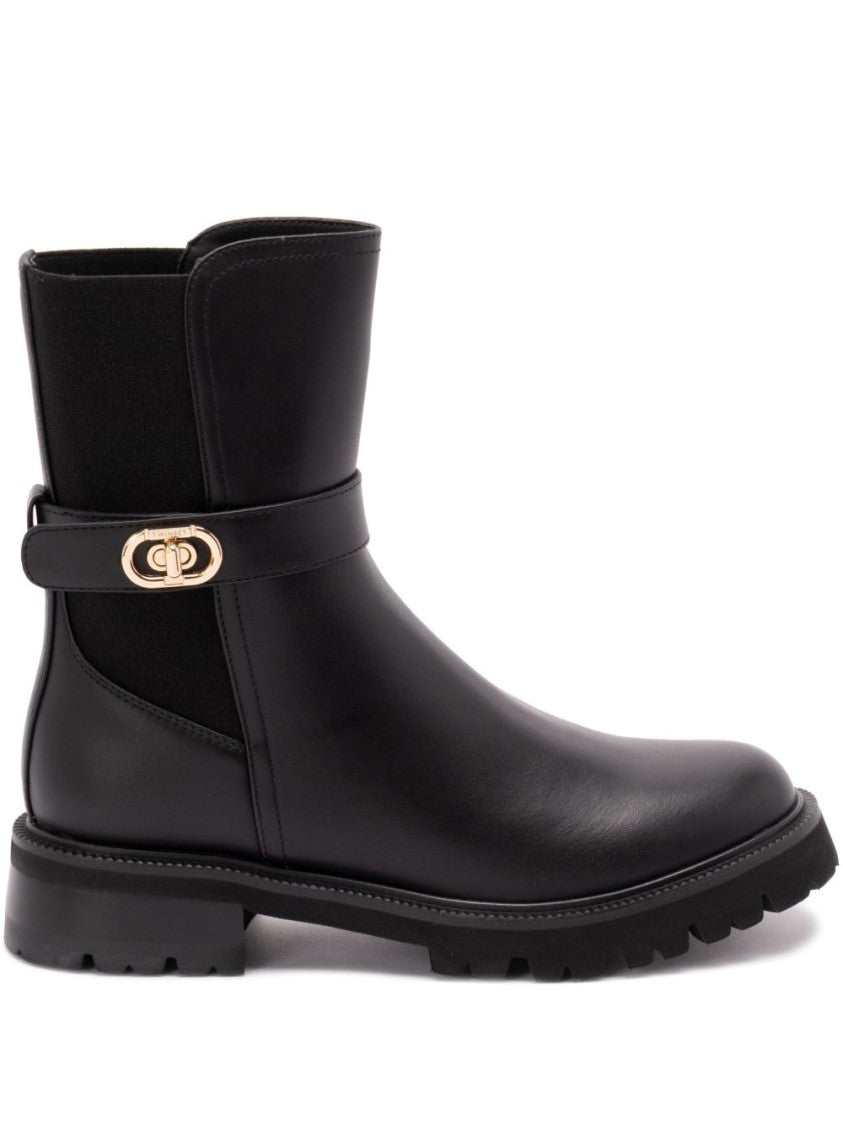 Twin-Set Smooth Leather Ankle Boots With Gold-Tone Buckle Accents