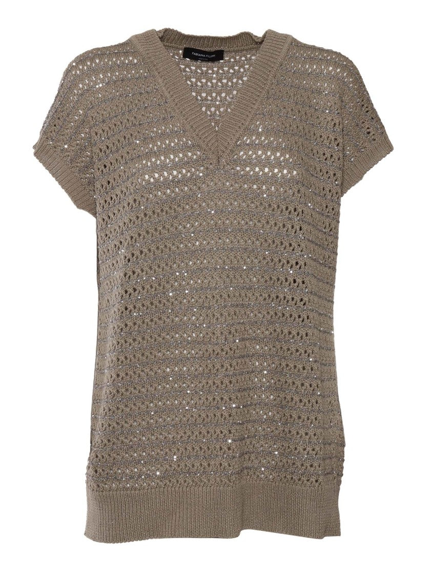 Fabiana Filippi Sequin Striped Crochet V Neck Cape Sleeve Sweater