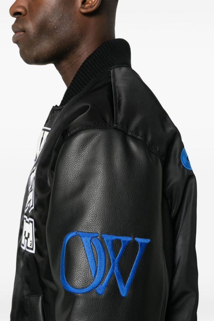 Off-White Black Baseball Varsity Leather Bomber Jacket